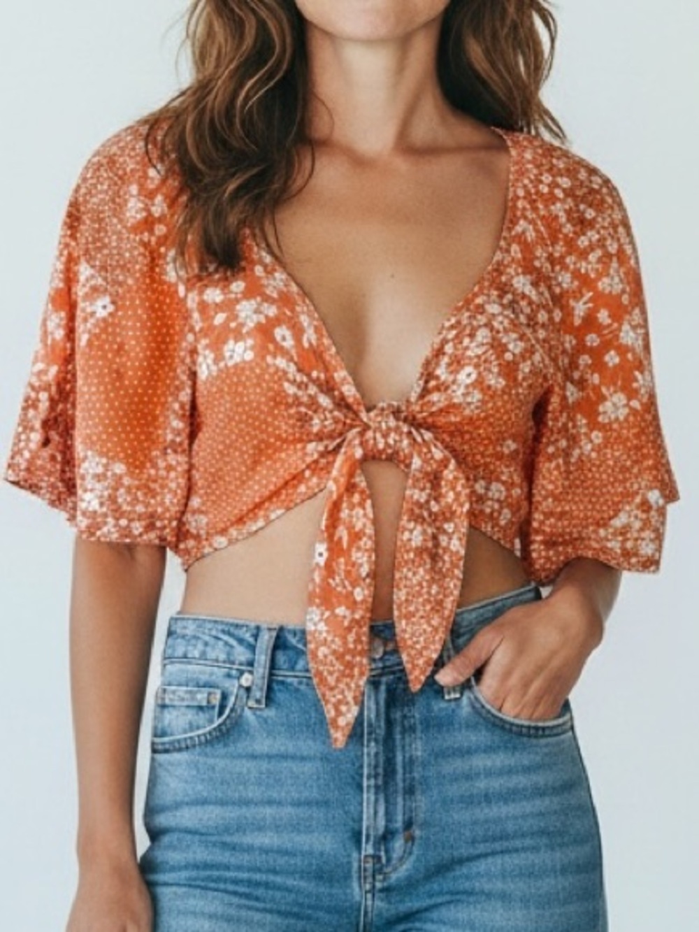 Tie Front Crop Top Camellia Orange/Pink Floral Boho Cottagecore Prairie NWT